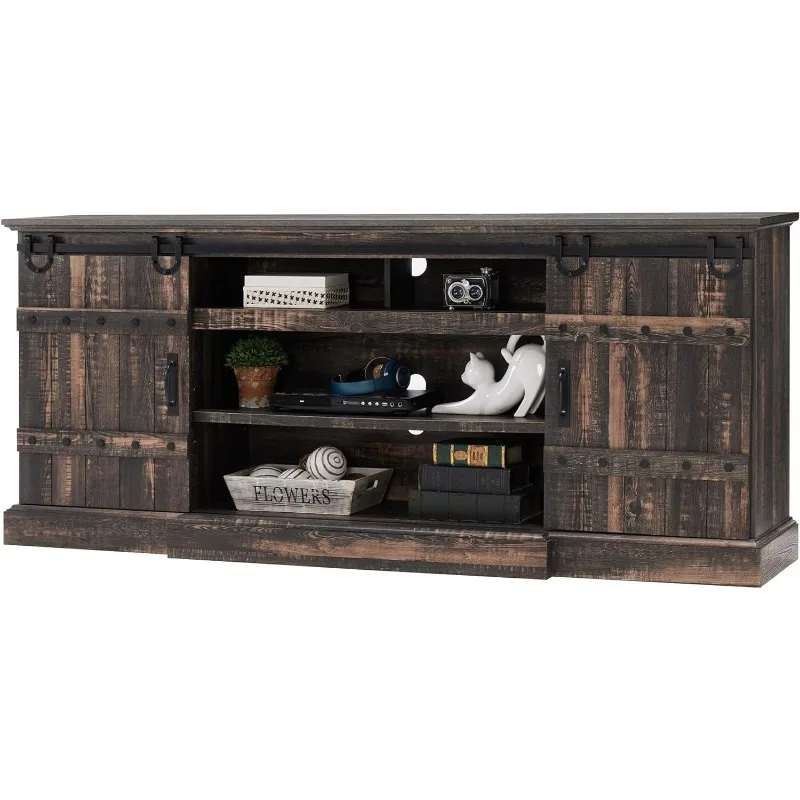 

75" Farmhouse TV Stand for TVs Up to 85 Inches, Large Rustic Entertainment Center with Sliding Barn Door, Tall Highboy Media