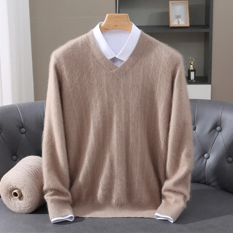 

Мужской трикотаж высокого качества с v-образным вырезом и длинными рукавами, 100% норковый кашемировый свитер, осенне-зимняя мягкая теплая одежда, топы