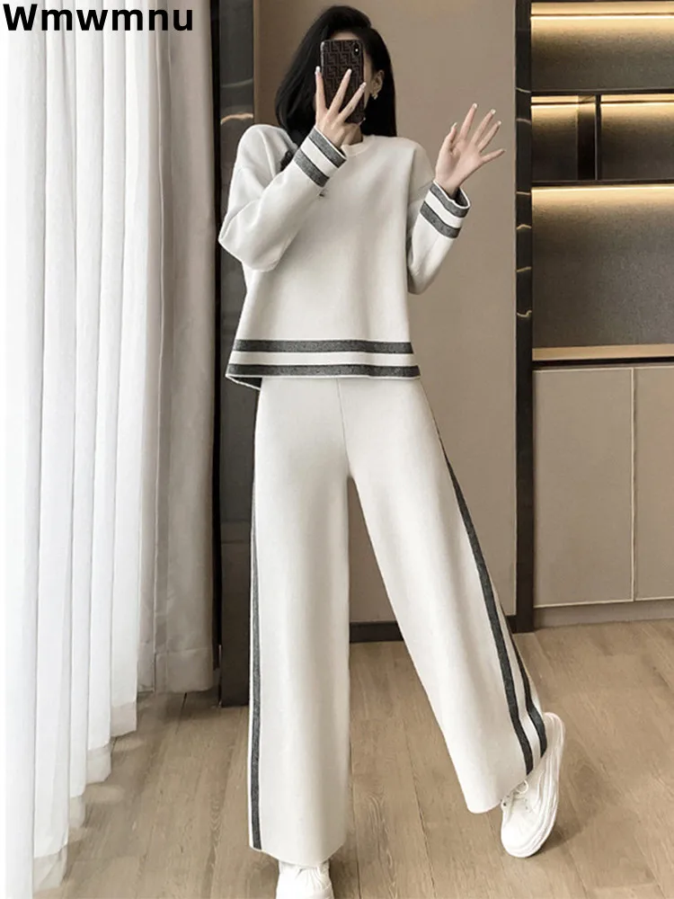 Loose Casual Striped Tracksuit Long Sleeved Sweatshirts Tops Conjunto High Elastic Waist Wide Leg Pants Suit Women Korean Sets