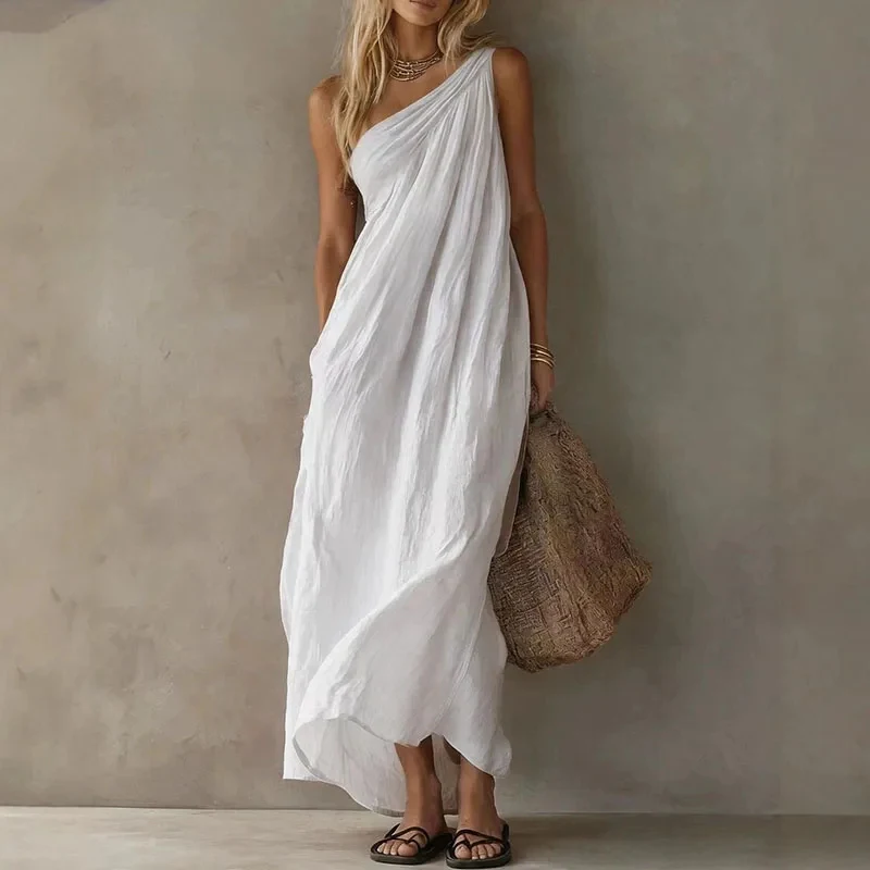 

Solid Summer Womens One Shoulder Maxi Dress Loose Draped Irregular Hem Flowy Long Dress Casual Beach Vacation Boho Holiday Dress