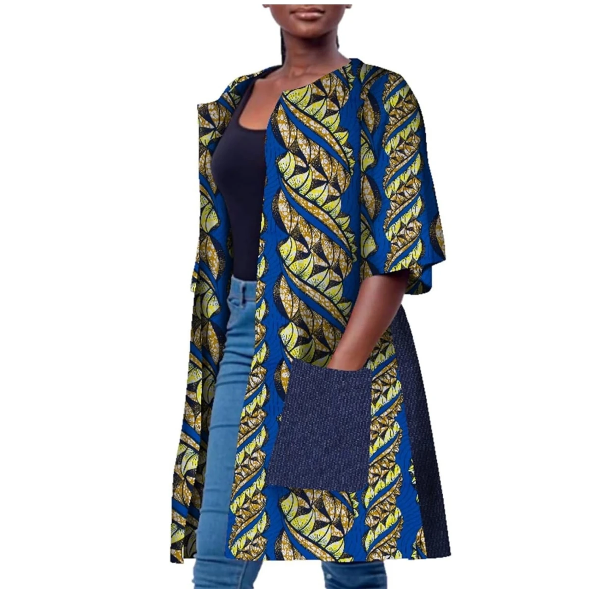 

Women African Print Coat Ankara Print Long Jacket Tops Wax Dashiki Clothing Half Sleeve with Pocket Women Clothing WY7237