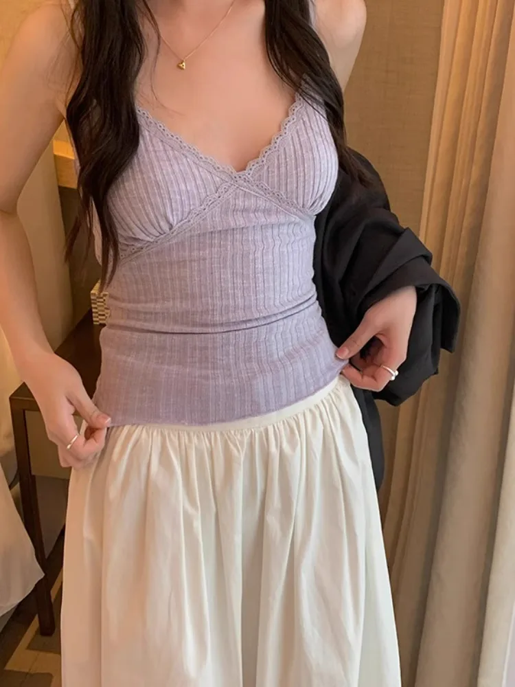 Pure Desire Lace  Strap Vest 2024 New Women Summer Outerwear Beautiful Back Integrated Chest Pad Hot Girl Top
