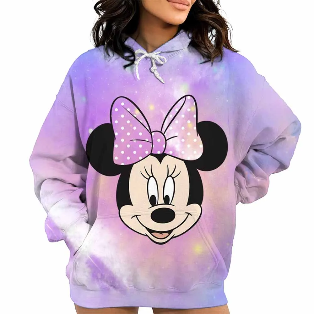 سويت شيرت نسائي بقلنسوة من Disney Minnie مريح بأكمام طويلة مطبوع عليه Galaxy للخريف/الشتاء بنمط كرتوني كاجوال