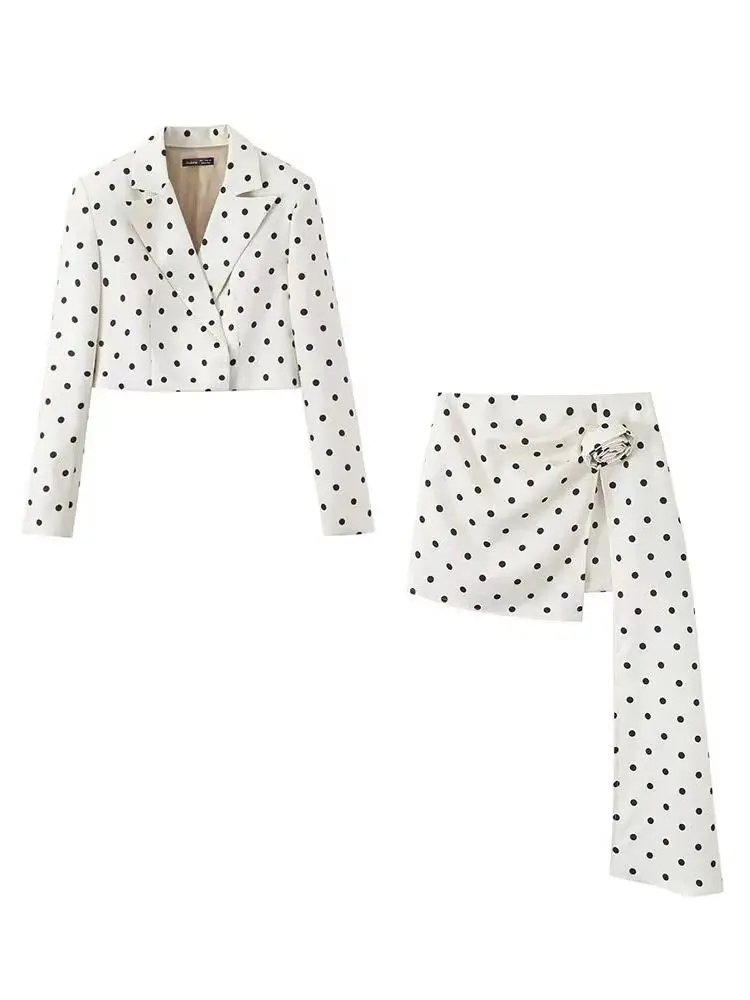 

HH женский 2026 новый модный универсальный костюм в горошек с широкими плечами, женский костюм с лацканами и длинными рукавами, куртка + повседневная юбка с высокой талией