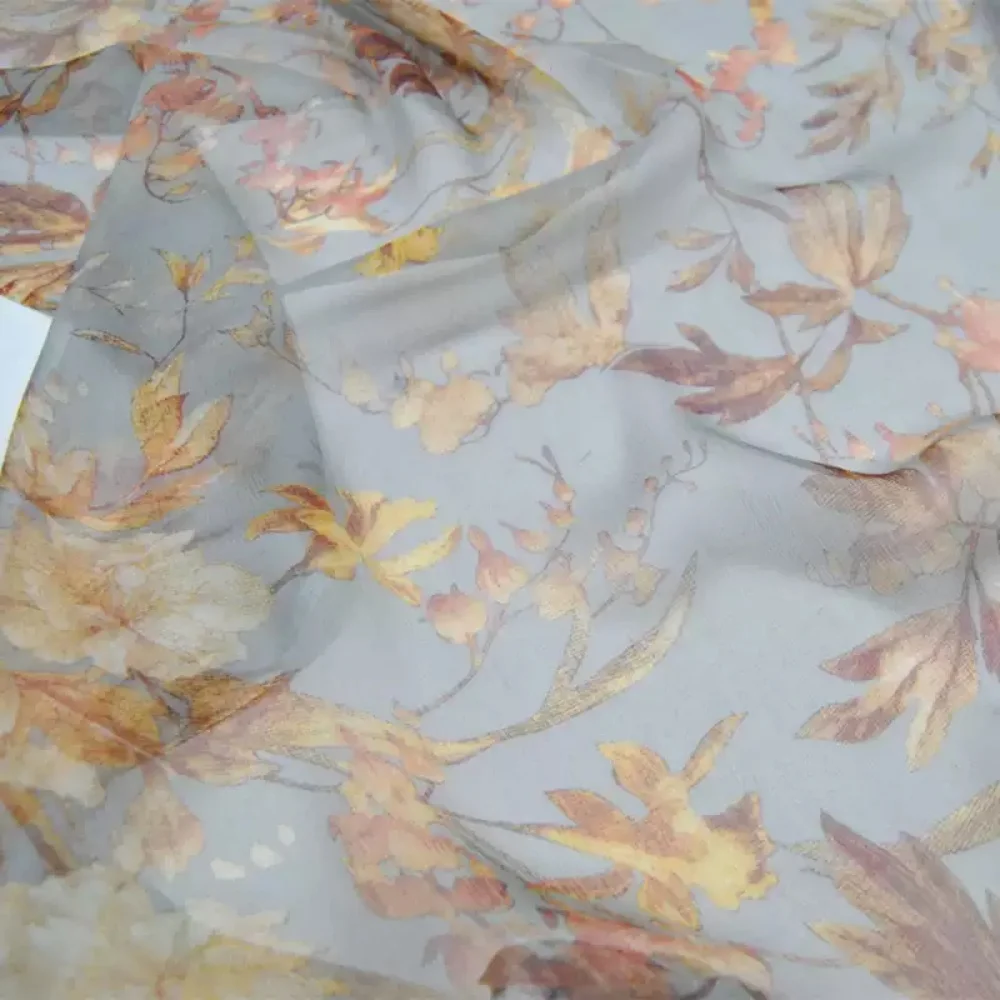 Soft Light Blue Vintage Dried Brown Leaf Wholesale Silk Crepe Chiffon Fabric for Lady Kids Shirt Apparel Sleepwear Saree Trouser