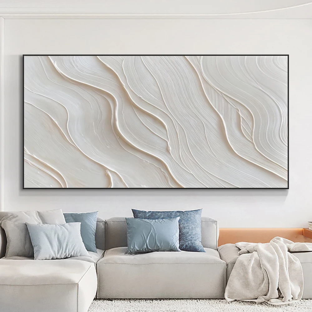 Large Abstract White Wave Canvas Wall arts Prints- Modern Minimalist Line Art Style, Cream Tone, 2D Flat Wall Decor, No Frame