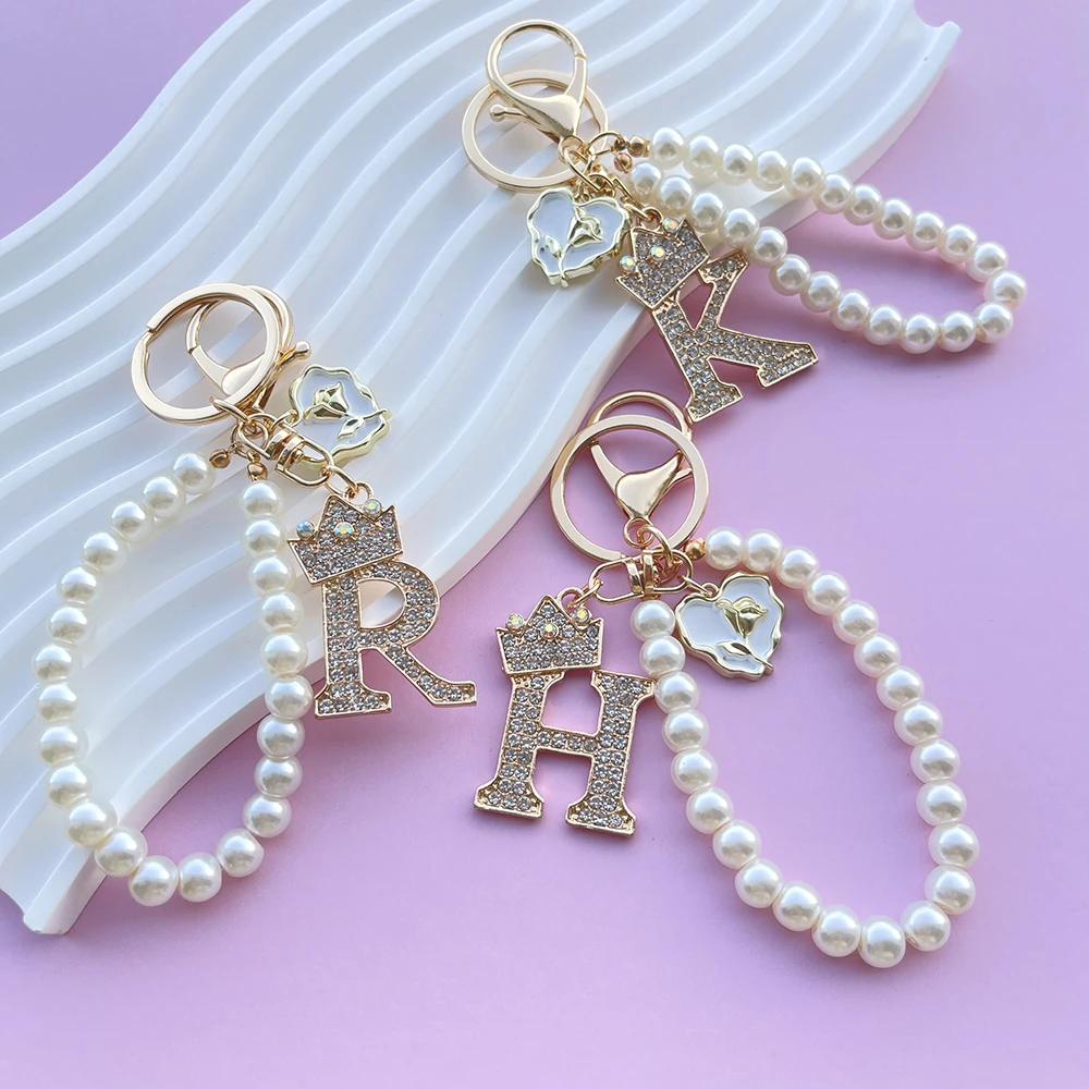 Luxury Crown A-Z 26 Letters Roses Metal Keyring Crystal Initial Faux Pearl Resin Beaded Keychain Bag Pendant Women Birthday Gift
