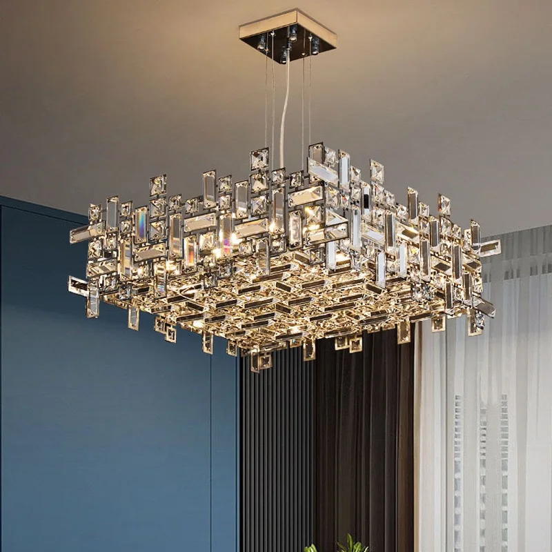 Italian Square Rectangle Restaurant Crystal Chandeliers For Living Room Chrome Lustre Designer Bedroom Home Decor Lamp Fixtures