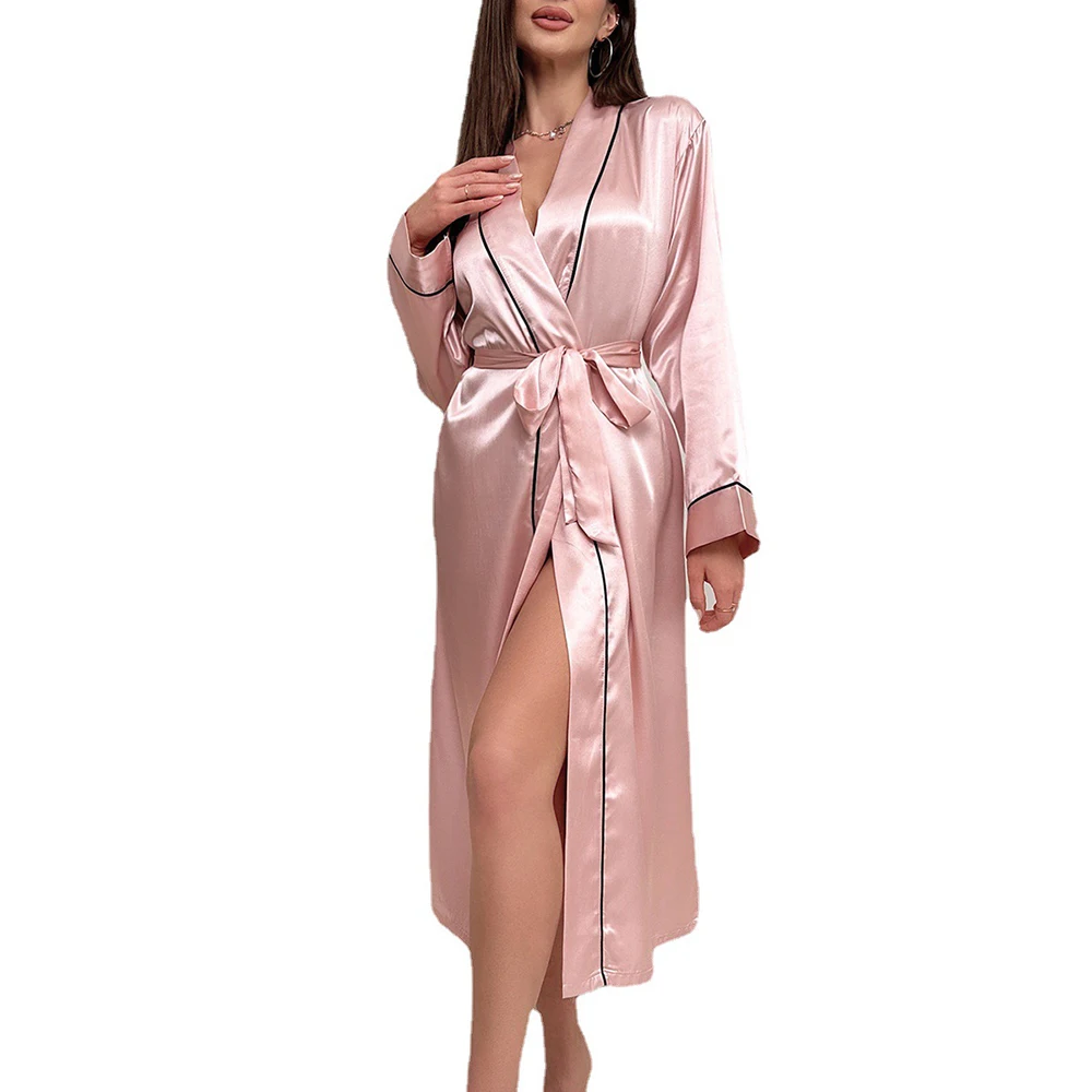 Pink Women Kimono Robes Full Length Silk Satin Bathrobe Mid-calf Lightweight Soft Sleepwear V-neck Casual Ladies Loungewear S-XL