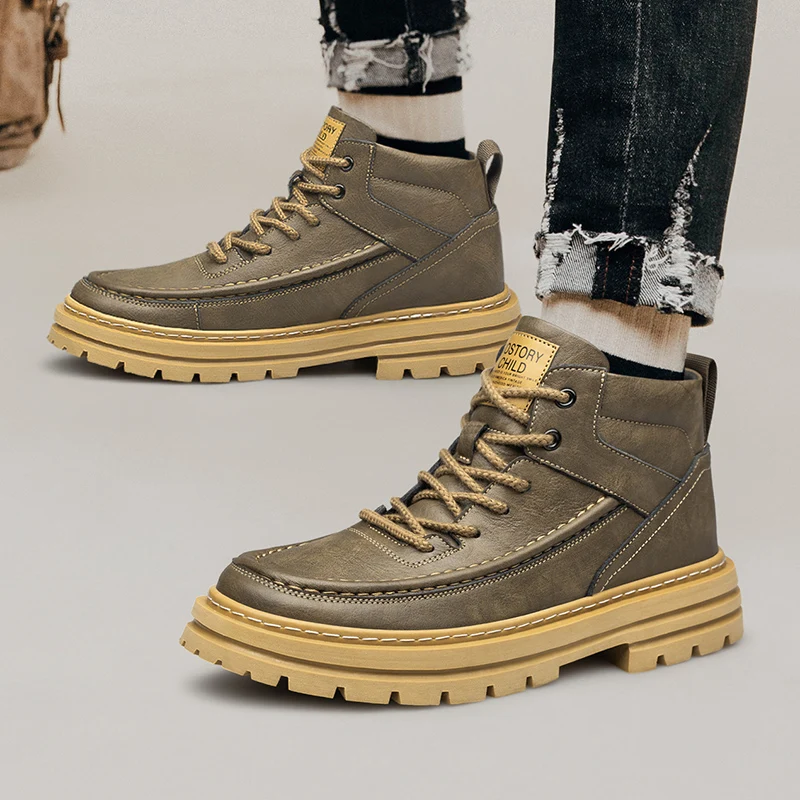 Mens height increasing shoes Thick sole durable mid top design leather material water resistant increase height by 6/8 centimete
