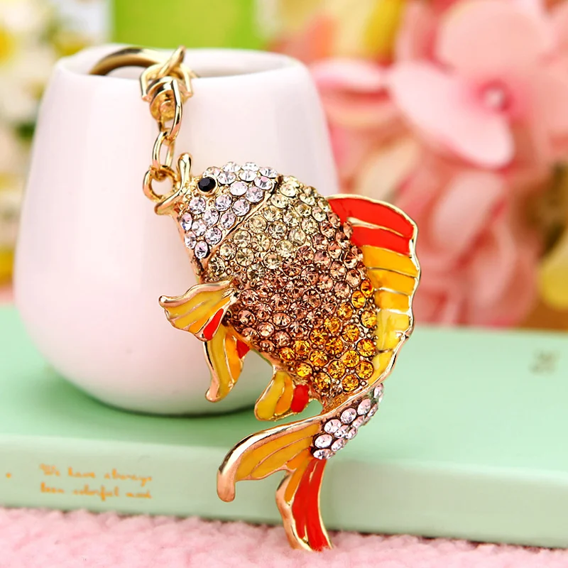 Exquisite Enamel Crystal Fish Key Chains Holder Goldfish Bag Buckle HandBag Pendant For Car Keyrings KeyChains