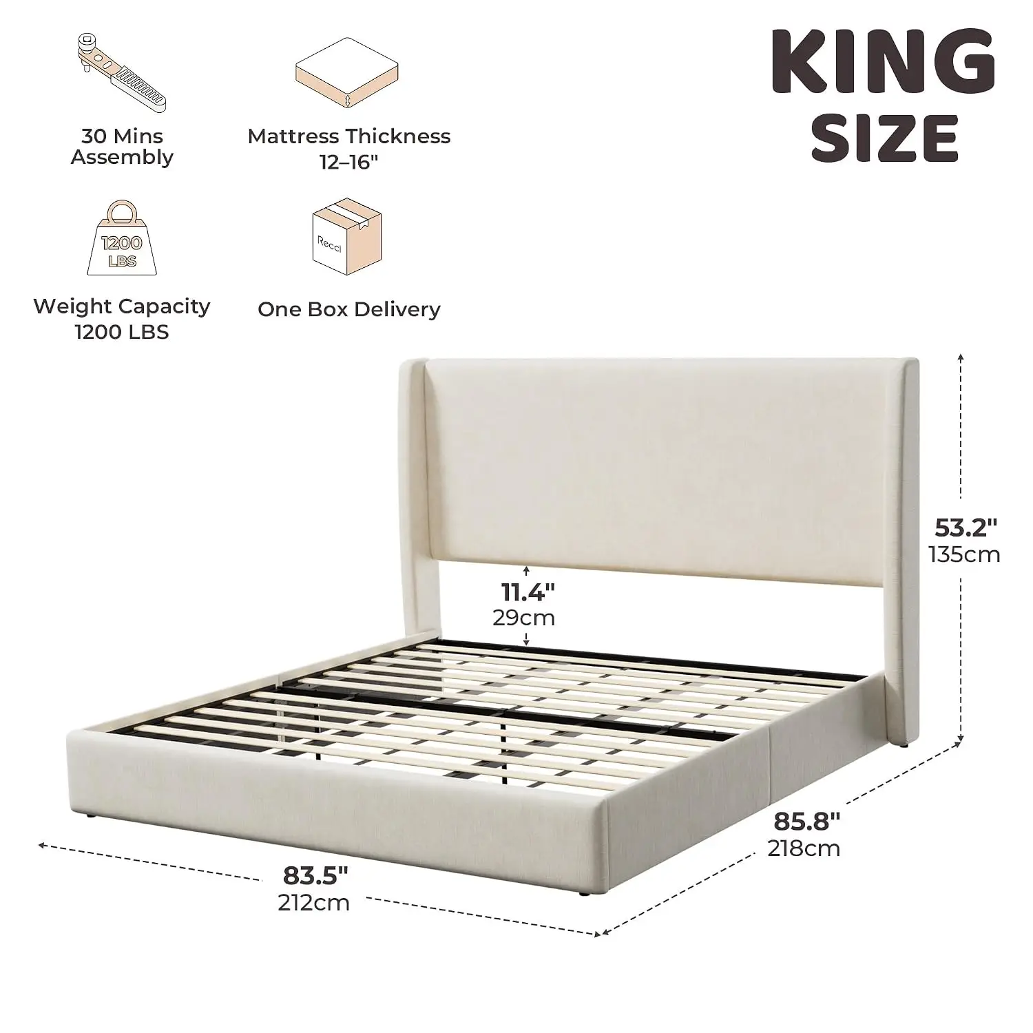 Upholstered Platform Bed King Size Tall Wingback Headboard Wood Slat Support No Box Spring Needed Bedroom Furniture, Customized