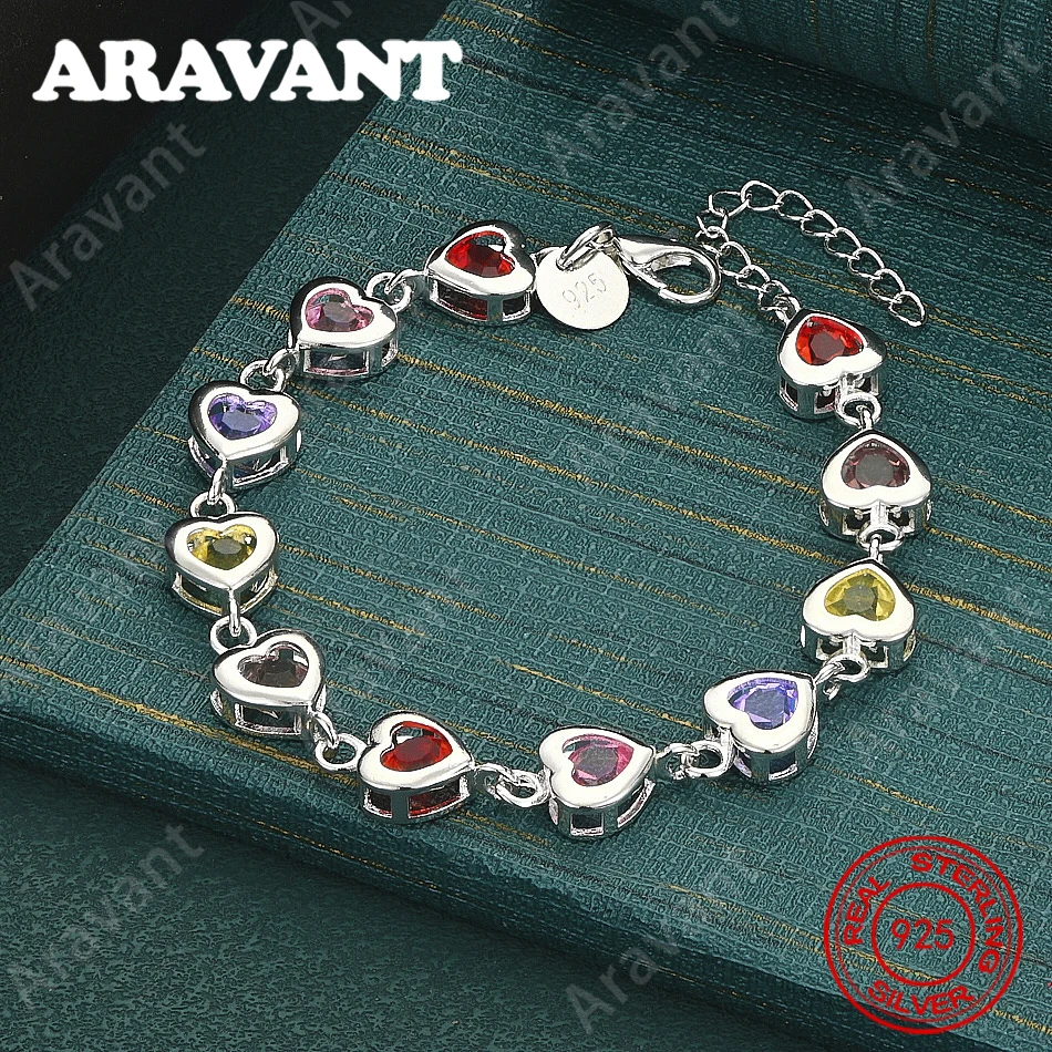 Bracelet en argent sterling 925 en forme de cœur, orné de zircones multicolores – bijou pour femme, idéal pour un usage quotidien.