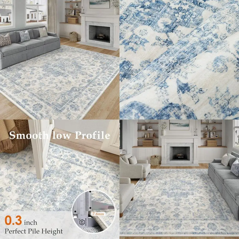 

Мягкий ковер 8x10 футов, синий, винтажный, с низким ворсом, с цветочным узором, для гостиной и спальни, нескользящий, моющийся, большой, для использования в помещении