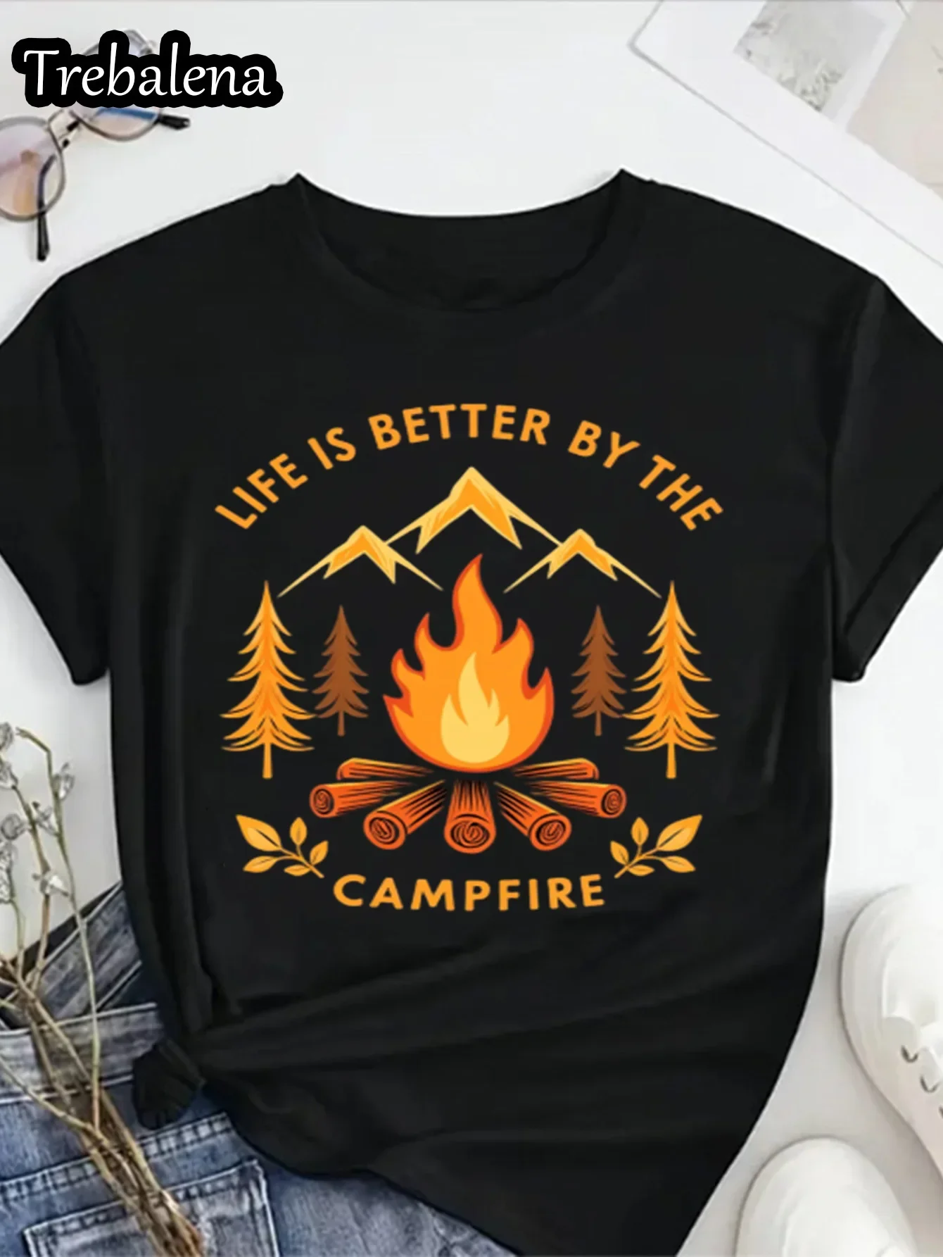 라운드 넥 티셔츠 100% 면 캠프파이어에서 더 나은 삶을 누리다 여성 플러스 사이즈 티셔츠 아웃도어 어드벤처 산악 스타일 티셔츠 반팔