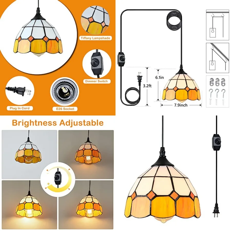 

Tiffany Hanging Pendant Light - Dimmable Mini Plug in Light Fixture, Perfect Vintage Swag Ceiling Lamp for Dining Room, Bedroom