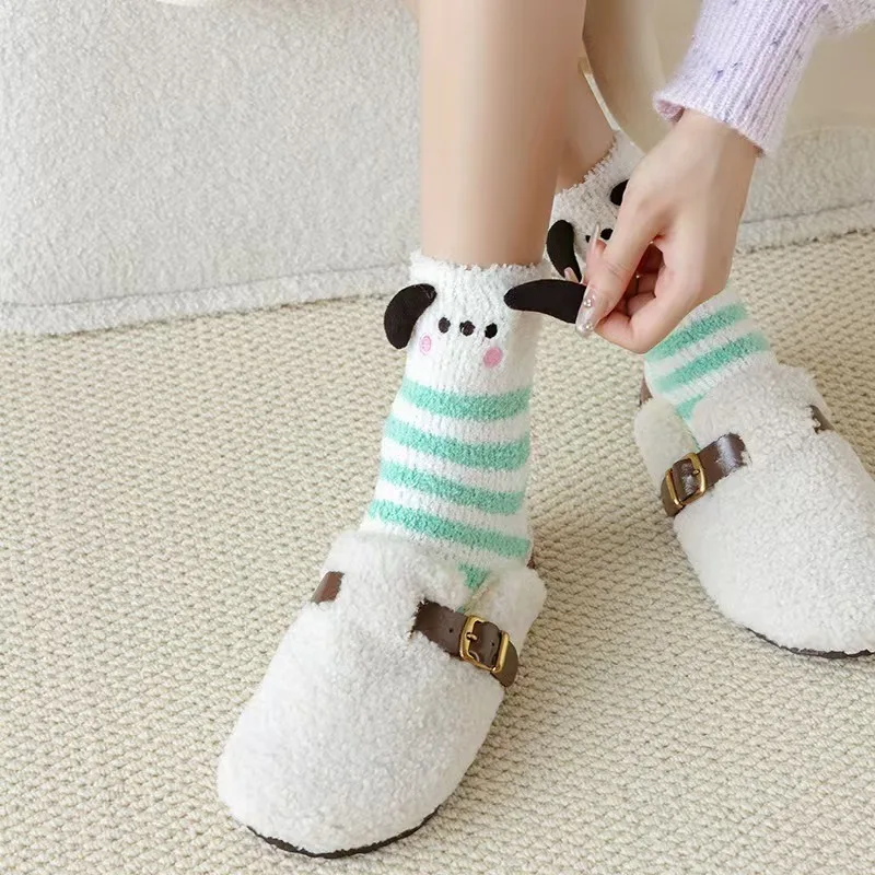 5 Pairs Sanrio Winter Socks Women's Long Stripe Cute Floor Sleep Thick Girls Cartoon Warm Sock For Women Coral Sweat Socks Girls