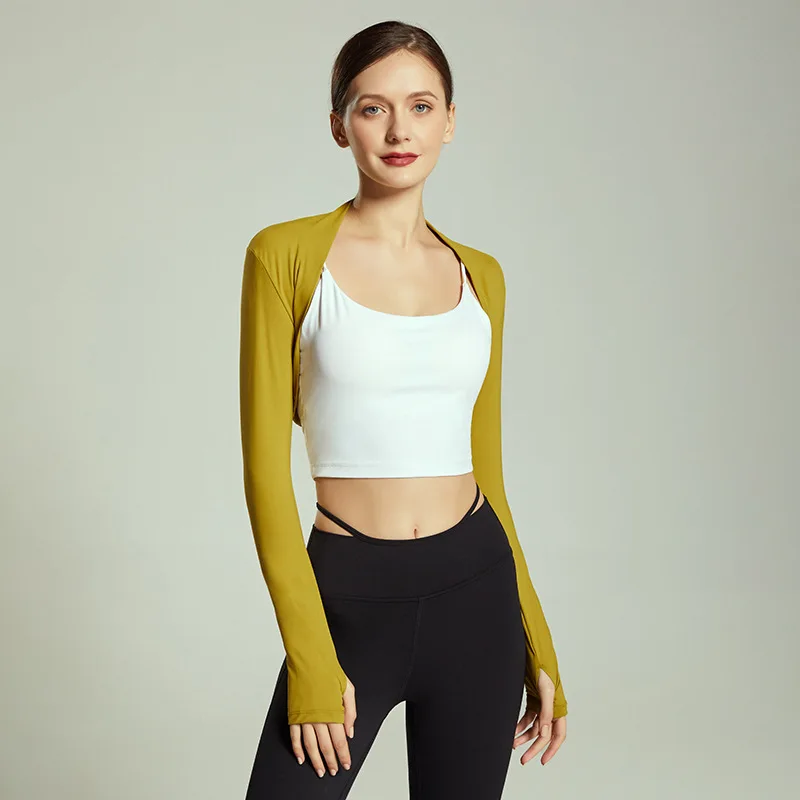 Women Long Sleeve Cropped Shrug Open Front Bolero Cardigan Thumb Hole Sleeve Workout Yoga Cover Up Top