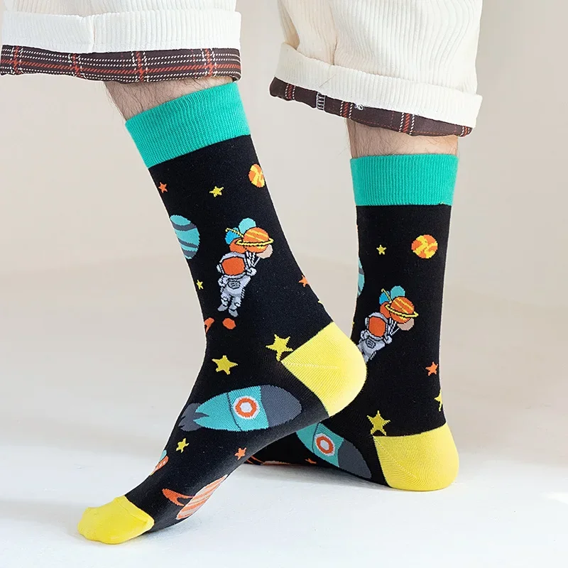 6 Pairs Unisex Funny Socks Space Printi Cotton Midi Crew Socks Sports Football Socks for Women Men Boys Girls Hip-hop