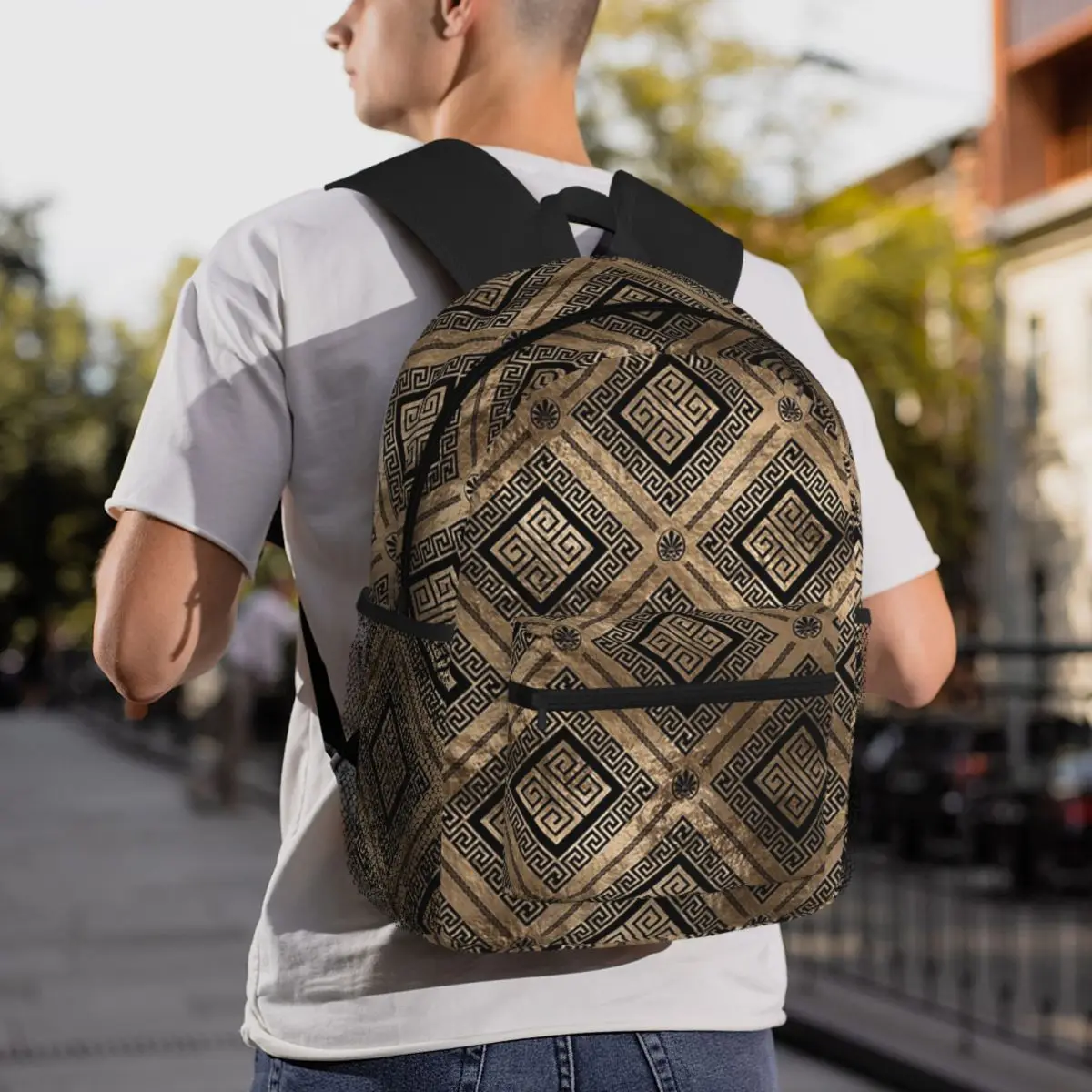 

Greek Meander Key Pattern Black And Gold Backpack Daypack Large Capacity Children BookBag School Bag Shoulder Bags for Men Women
