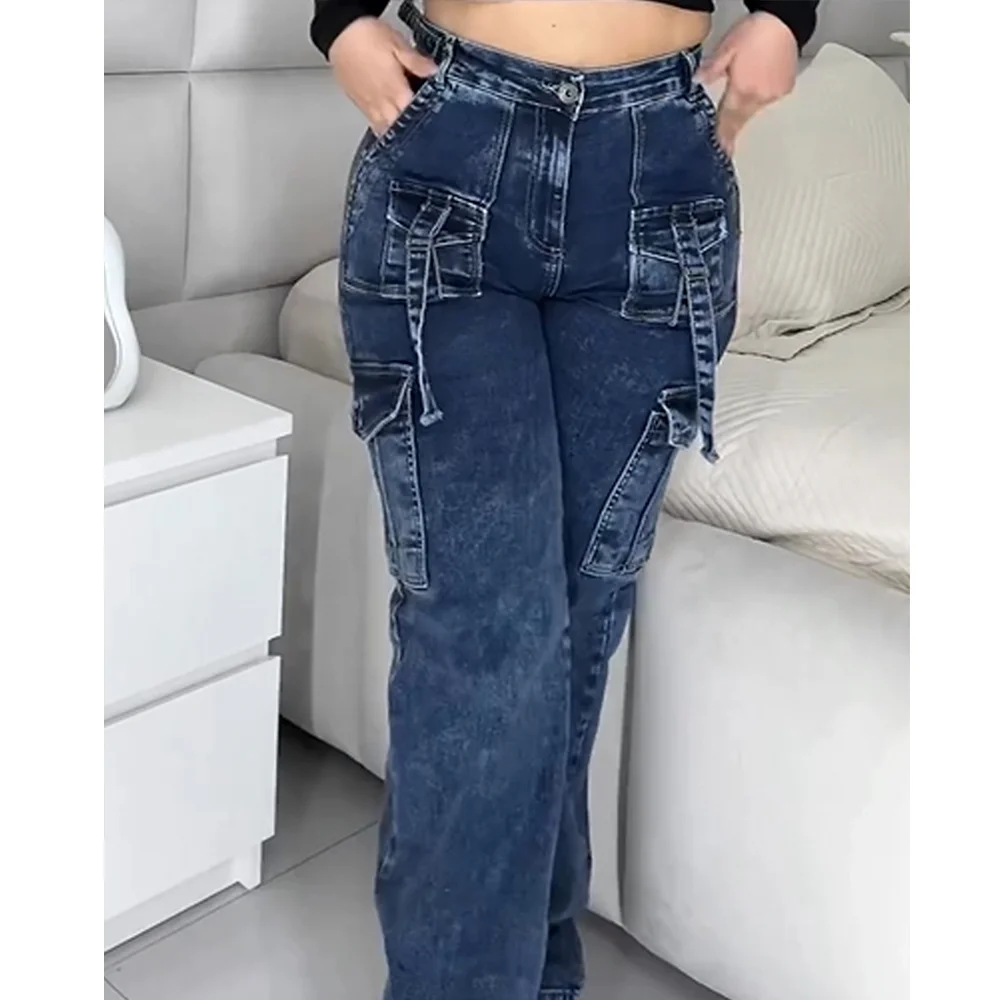 Mode Dames Streetwear Zijzak Cargo Straight Denim Safari Stijl Jeans Wijde Pijpen Jeans Broek Hip-Hop Streetwear