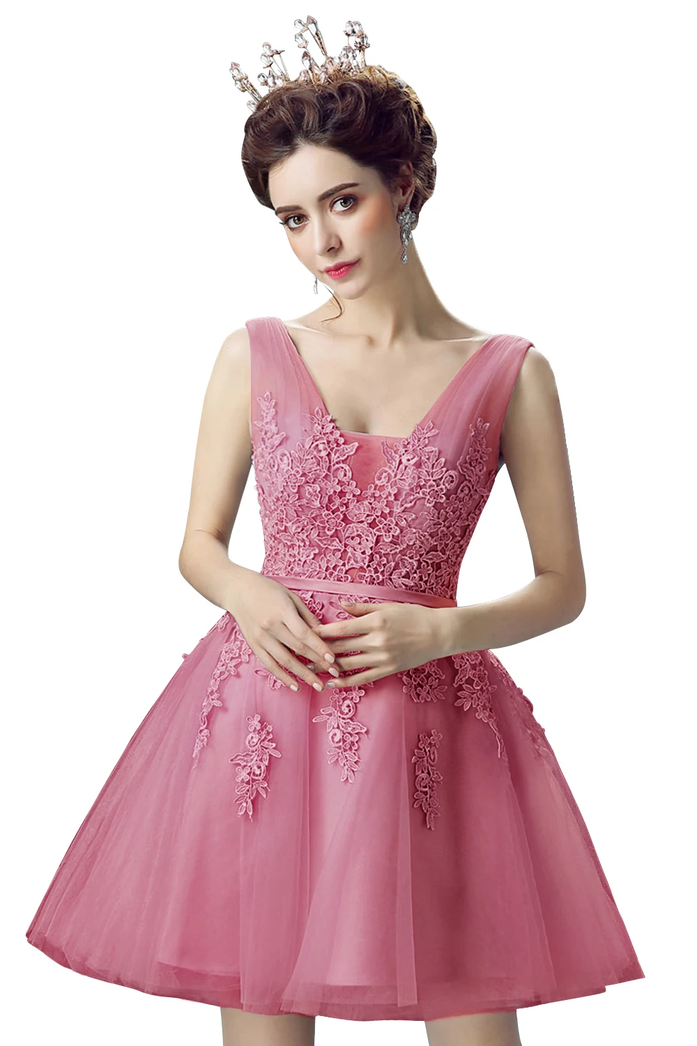 

Girls Sweetheart Short Pink Prom Dresses Elegant A line Lace Applique Gown Double V Neck Sleeveless vestidos de gala