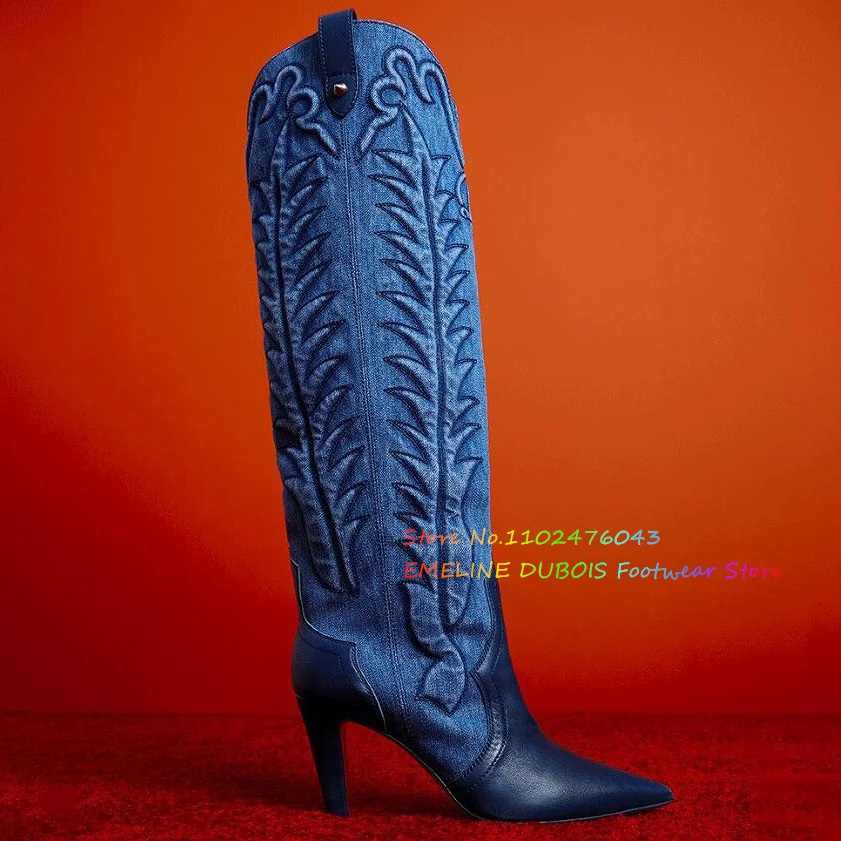 3D Embroidered Leather Splicing Knee High Boots Women Pointed Toe Stiletto Heel Slip On Designer Brand Winter Trendy Booties