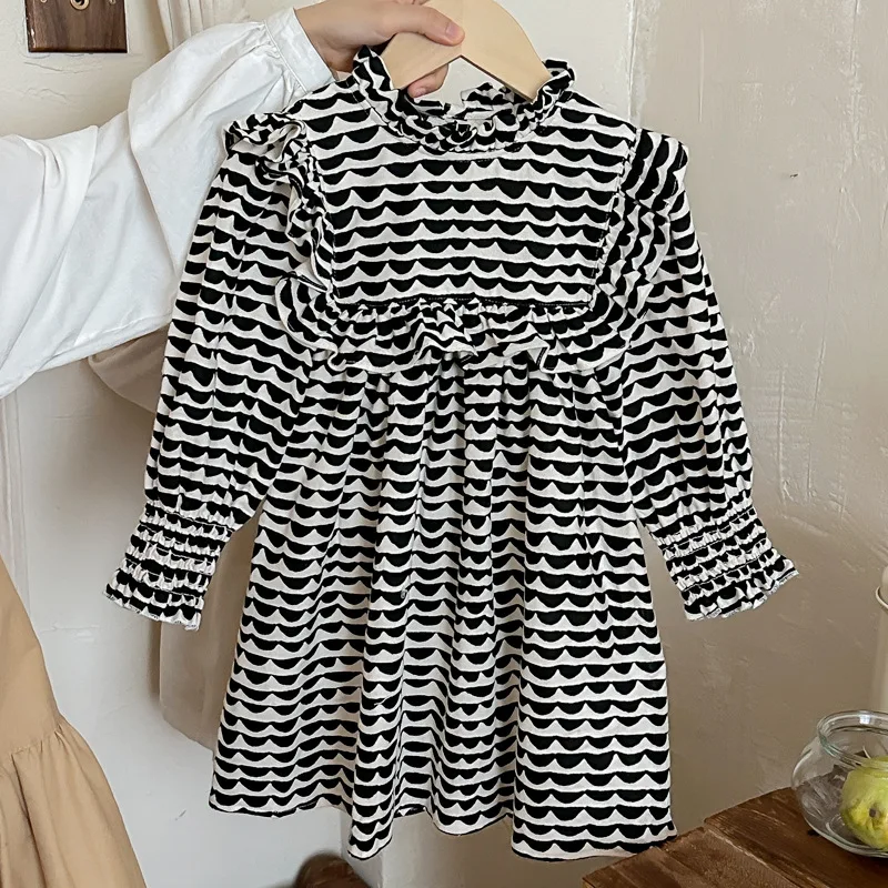 Children's Clothing Wave Print Stand Collar Ruffle Girls Dress2024Autumn Long Sleeve Kids' Skirt Temperament