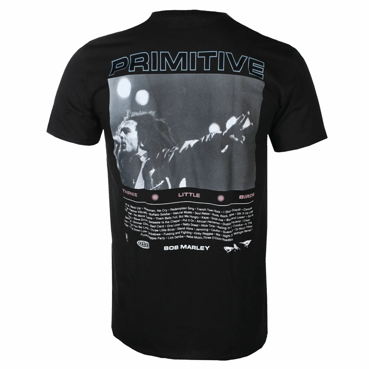 Reggae Co‑branded Streetwear Short Sleeve Top Primitive Bob Marley Three Little Birds Front Bird Logo Back Live