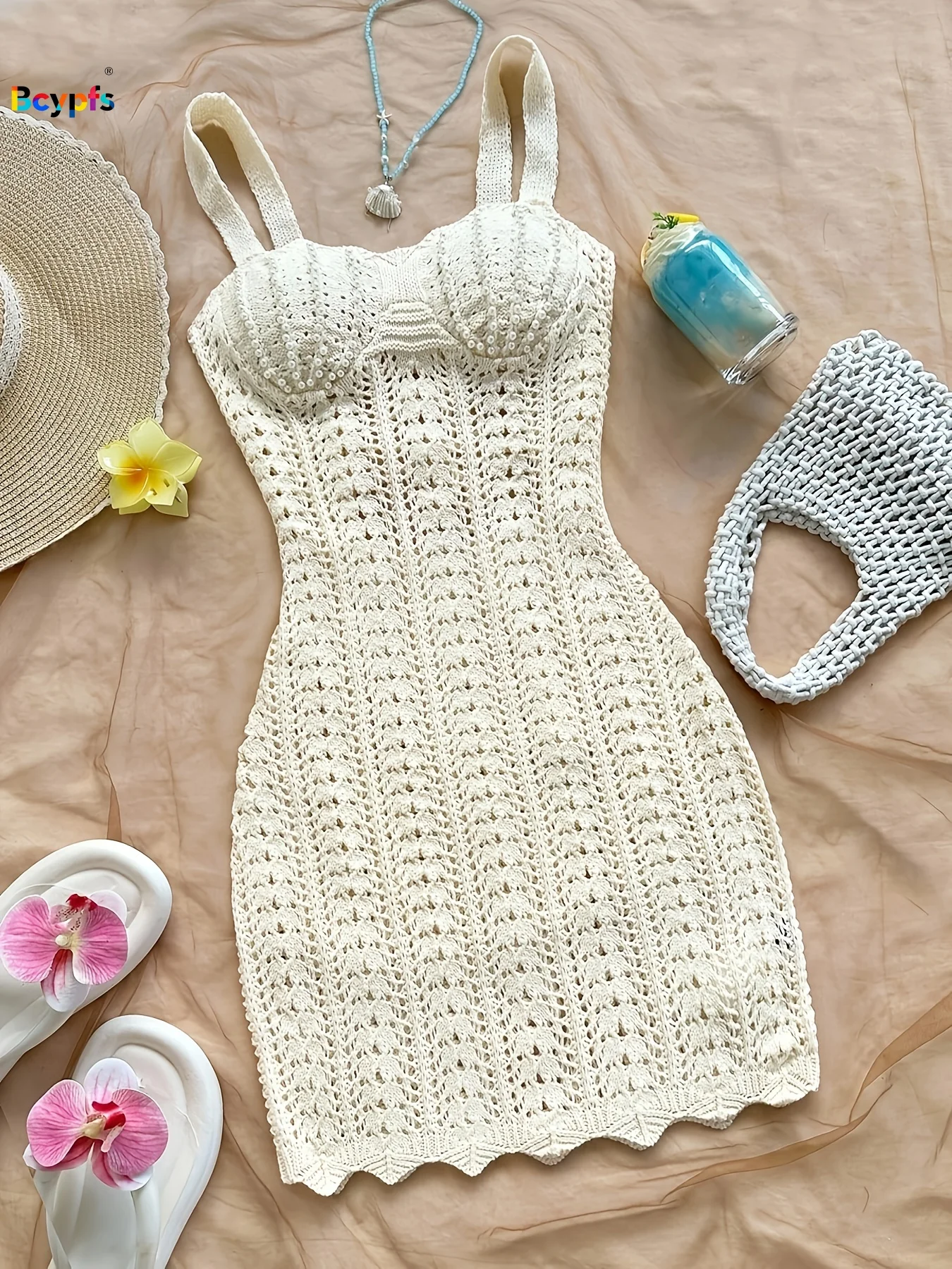 Vestido de ganchillo calado sin mangas para mujer, minivestido ajustado, cubrebañador para vacaciones en la playa, ropa de playa de verano de punto blanco