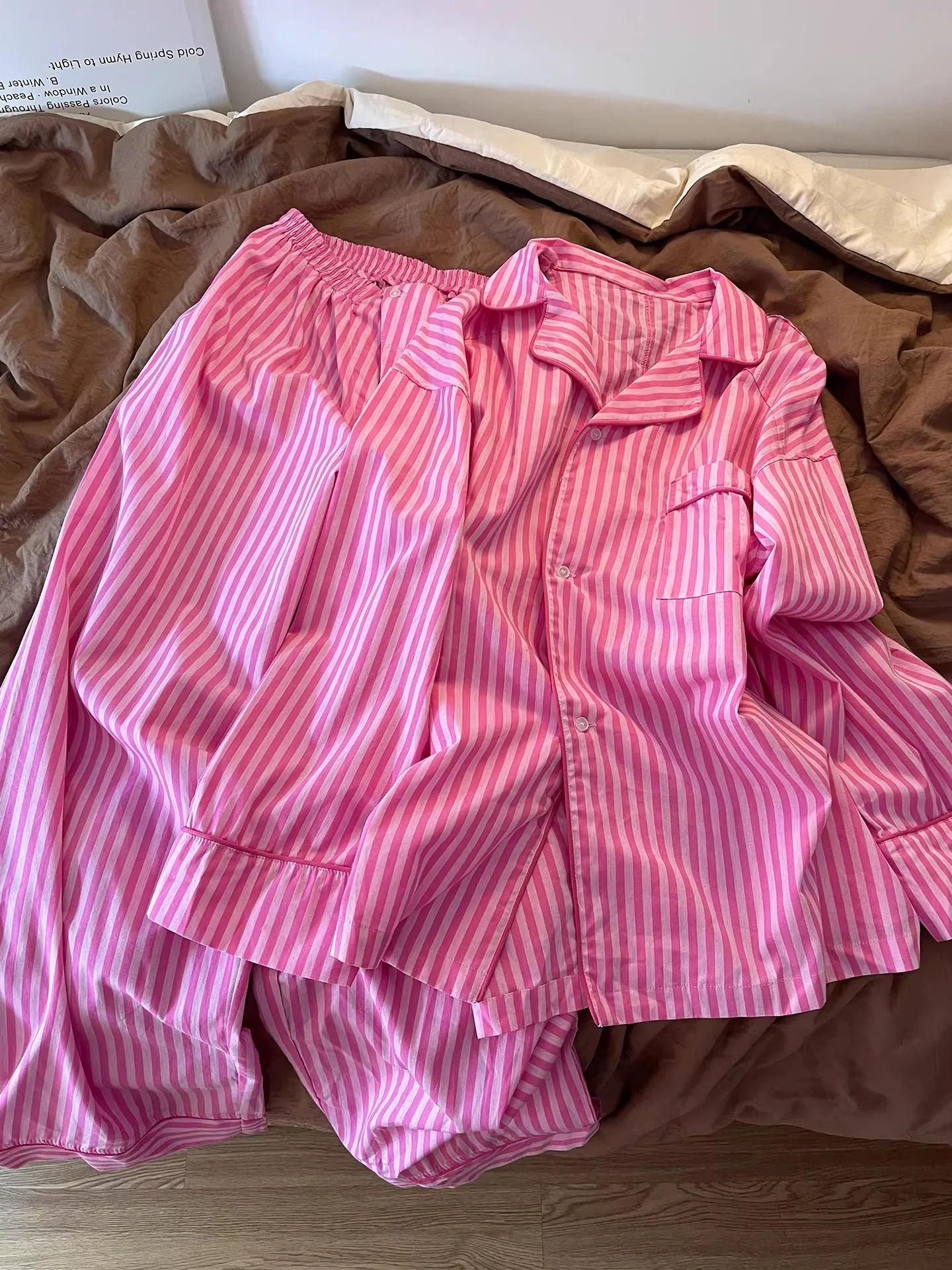 Pink Striped Long Sleeve Sleepwear Women's Spring Autumn Home Clothes Outdoor Wearable Loose Fit Cloud Cotton Long Pants Set