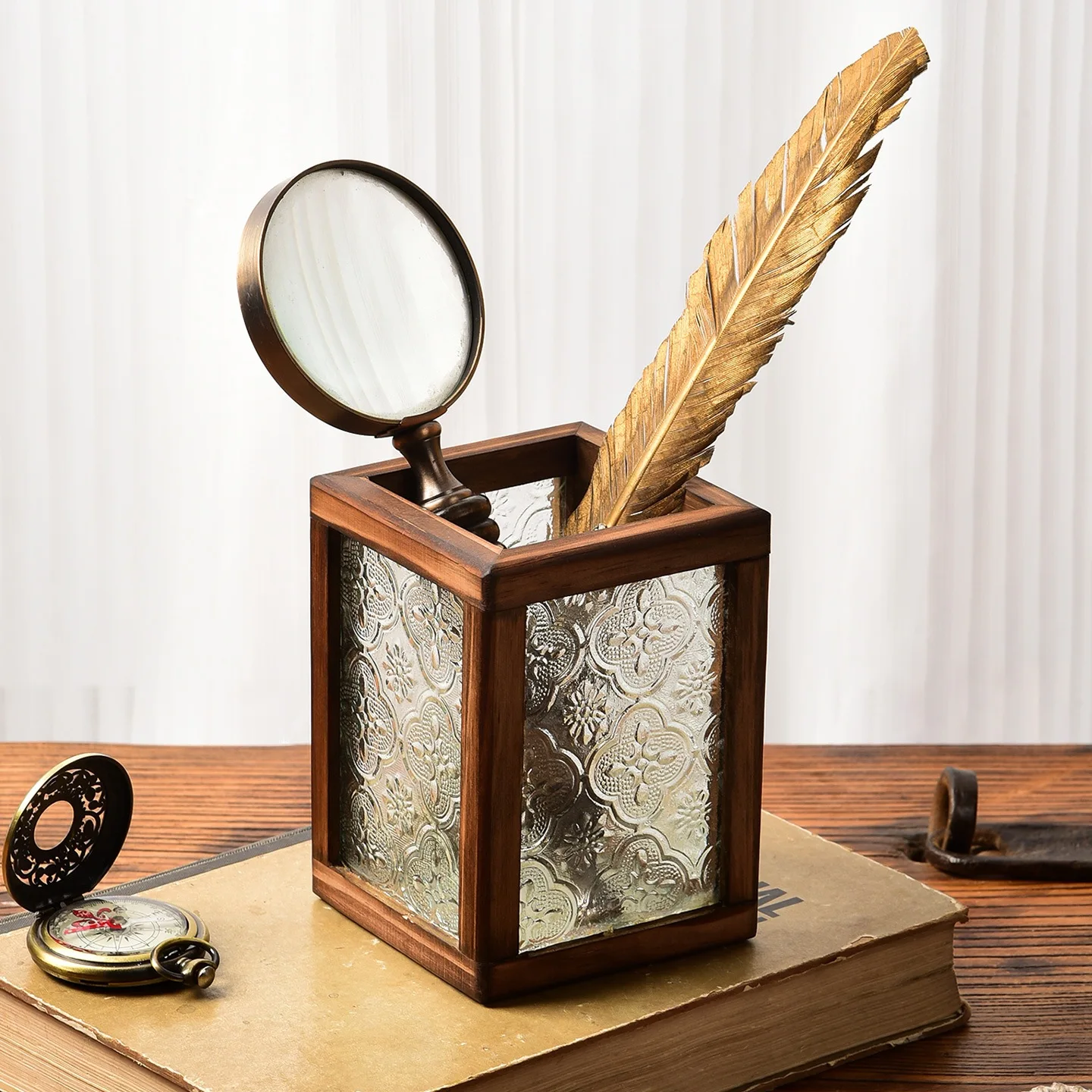 Begonia Glass Solid Wood Pen Holder Vintage Style Desktop Organizer Creative Stationery and Makeup Brush Storage Box