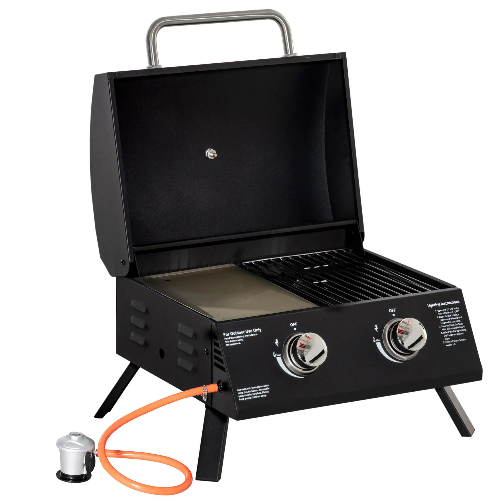 Faltbarer Gasgrill mit 2 Brennern, Thermometer, Kohlenstoffstahl, Schwarz, 55x46,5x41 cm für Camping