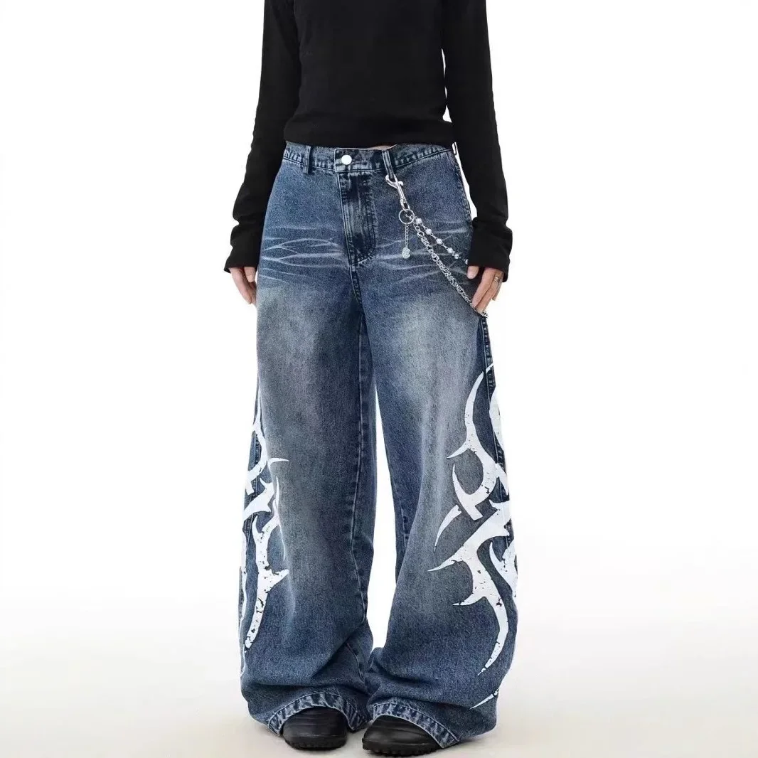 Retro Print Men's Straight Leg Loose Floor-Length Wide Leg Jeans Spring INS Trendy High Street Long Pants Casual Male Jeans