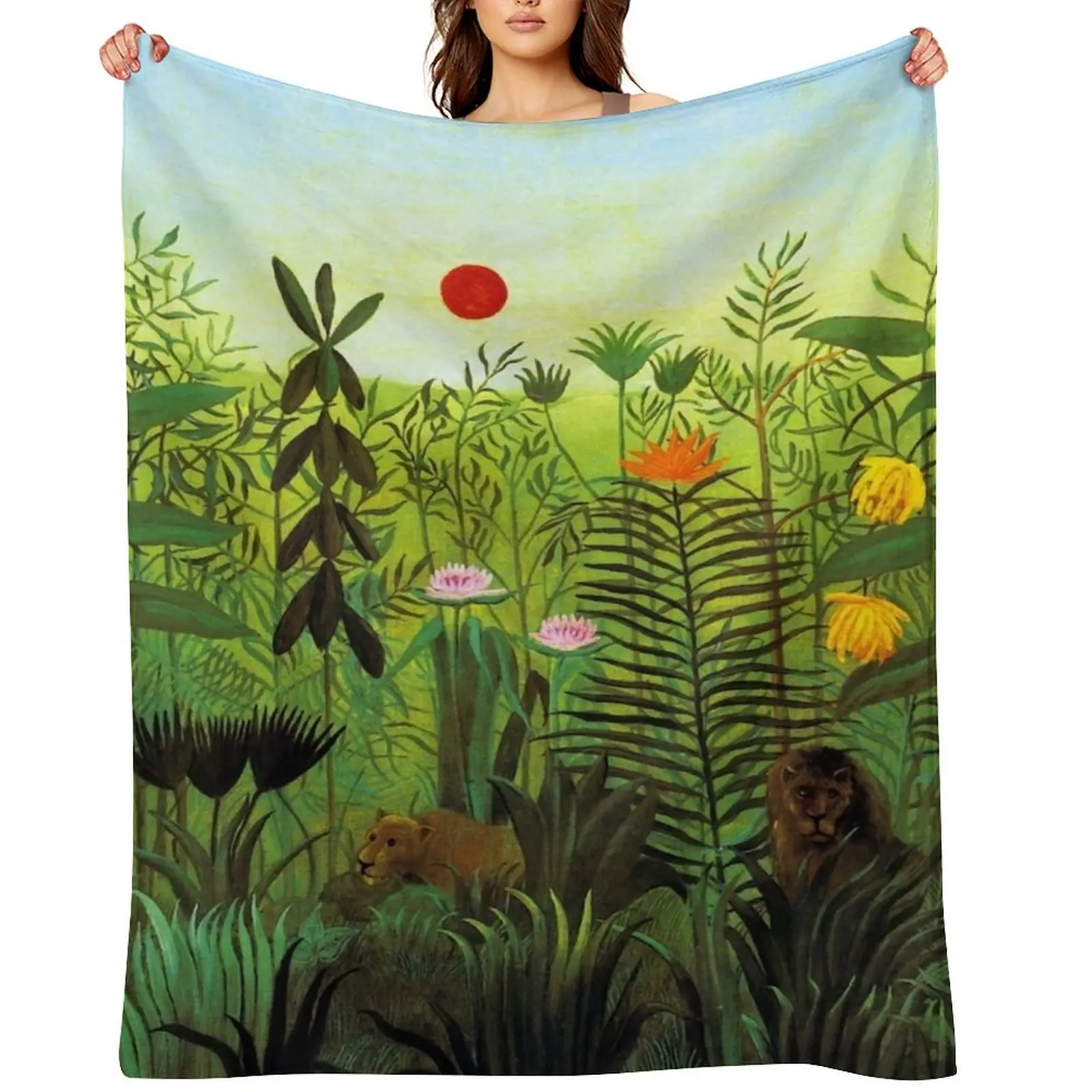 

Henri Rousseau Exotic Landscape with Lion and Lioness in Africa, 1903-1910 Throw Blanket Moving Luxury Throw Blankets