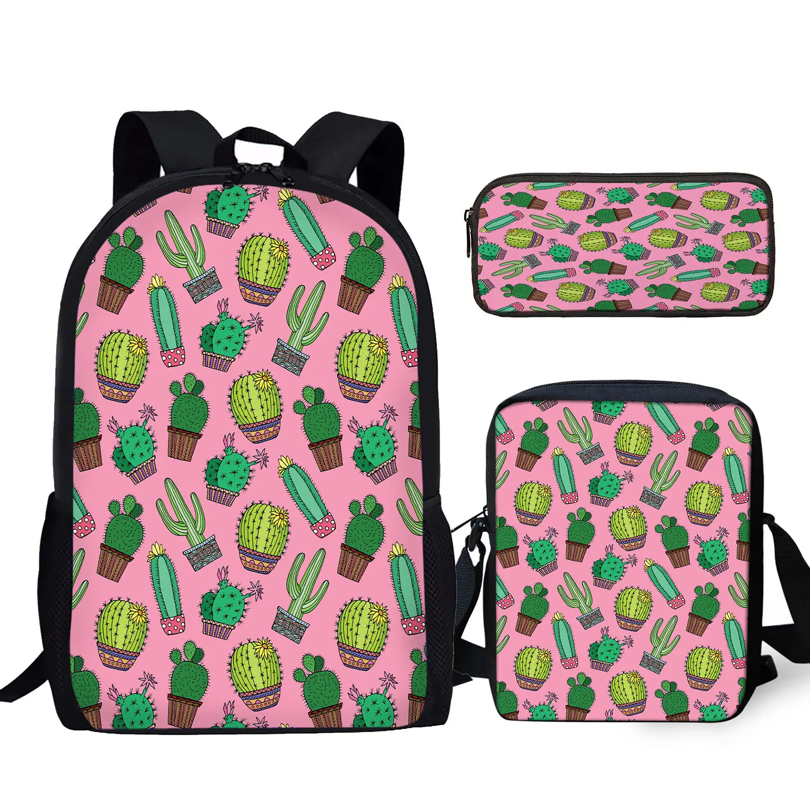 Fun Cartoon Cactus Potted Plant Printing 3pcs Back To School Gifts For Students Durable Brand Large Capacity Bag Messenger Bag