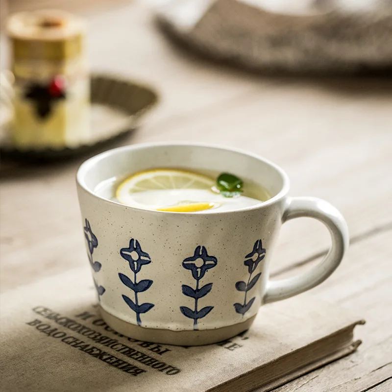 Taza de Cerámica Vintage de 350 ml, Linda Taza de Café con Diseño Floral Azul, Taza para Desayuno, Leche, Avena, Taza de Porcelana para Té, Taza para Beber Agua en Casa u Oficina