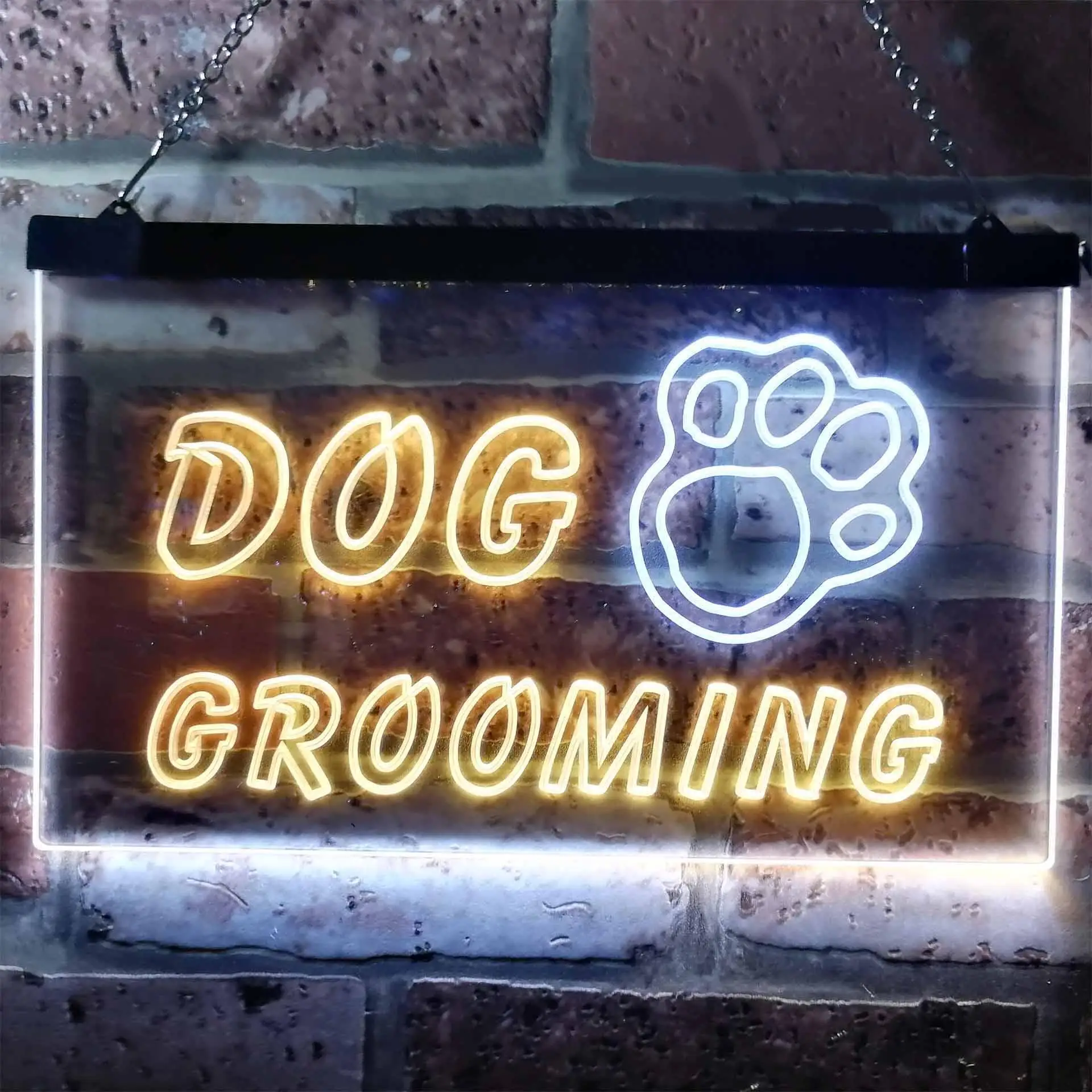 Dog Grooming. with Paw Print Dual Color Led Neon Sign st6-i0597