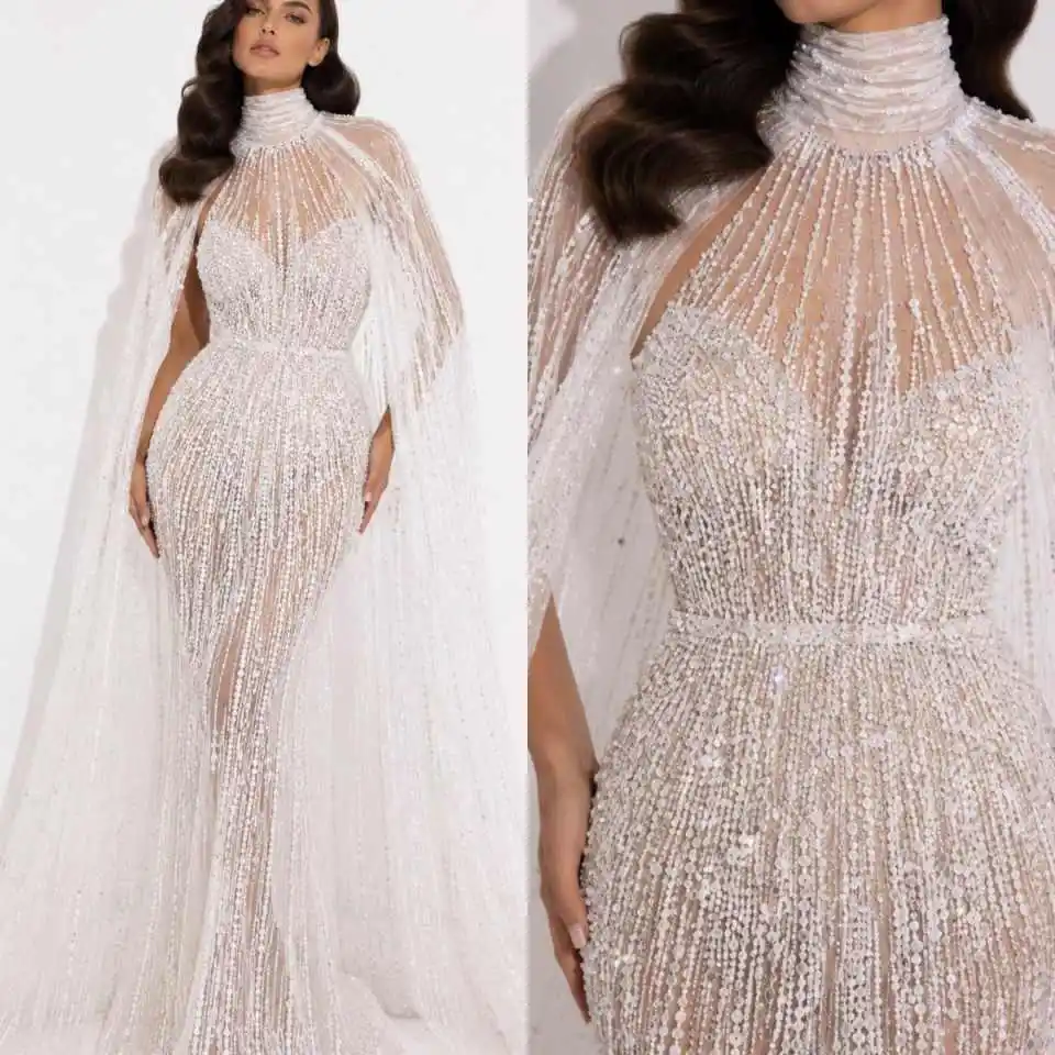 Delicate Mermaid Wedding Dress High Neck Beaded Long Cape Tulle Bridal Gown For Reception Cocktail Gathering Customized