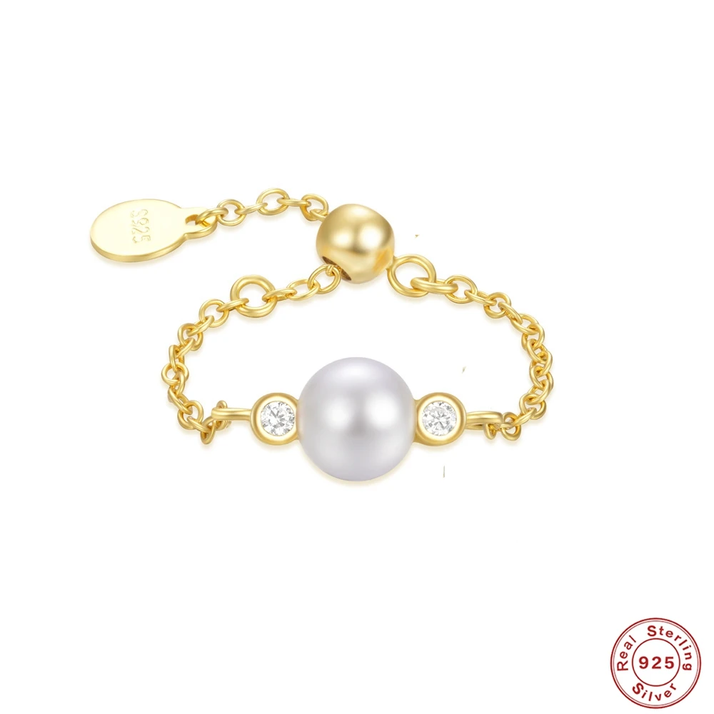 

AIDE 925 Sterling Silver CZ Flower Cross Link Chain Ring Big Single Pearl Adjustable Rings For Women Jewelry 100% Plata Anillos