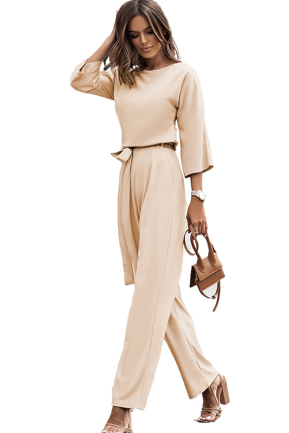 

Solid Color Half Sleeve Waist Tie Wide Leg Jumpsuit