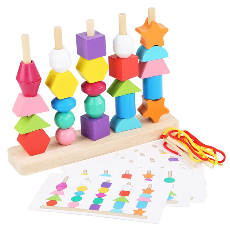 Wooden Beads Sequencing Toy Set, Stacking Blocks & Lacing Beads & Matching Shape Stacker for 2 3 4 5 Year