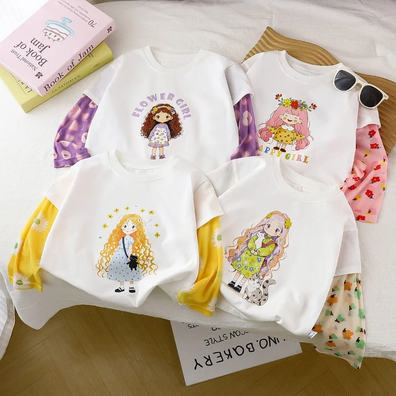 Girls T-shirt Summer New Girls Sunscreen Sleeves Tops 2025 Splicing Children's Tees Teen School Outfits Baby Blouse Clothing