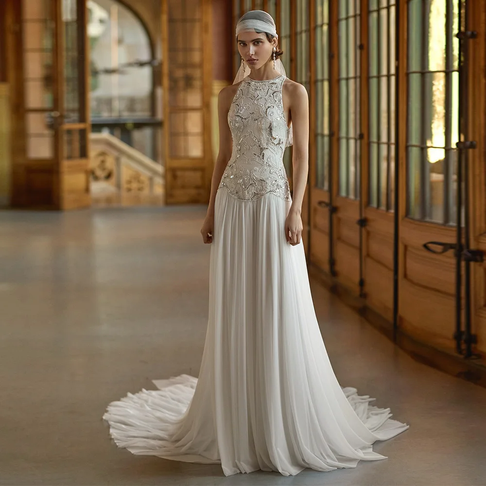 Sparkly Beading Sequined Bridal Gowns Classic Customized O-Neck Sleeveless Wedding Dress Soft Chiffon A-Line Vestido De Novia image 3