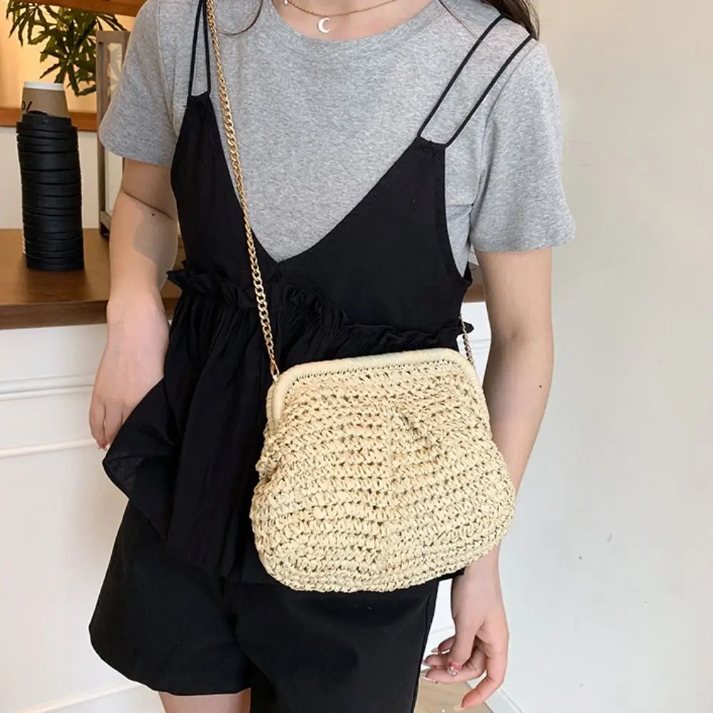 Bohemian Shell-shaped Weave Bag Chain Strap Large Capacity Chain Crossbody Bag Handbag Hollowed Out Straw Shoulder Bag Outdoor