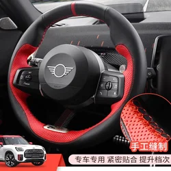 DIY Full coverage Sports style Steering Wheel Cover for Mini Cooper S Countryman U25 F65 F66 2024 2025 red leather Accessorie