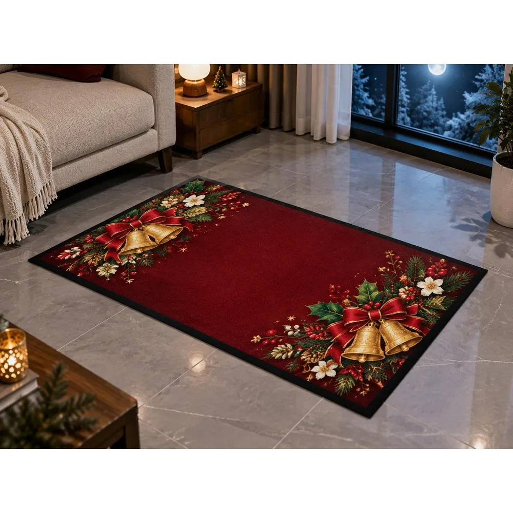 VIKAMA Christmas Wine Cream Bell Flannel Door Mat, Washable Quick Dry Xmas Mat, Christmas Decor for Laundry, Playroom
