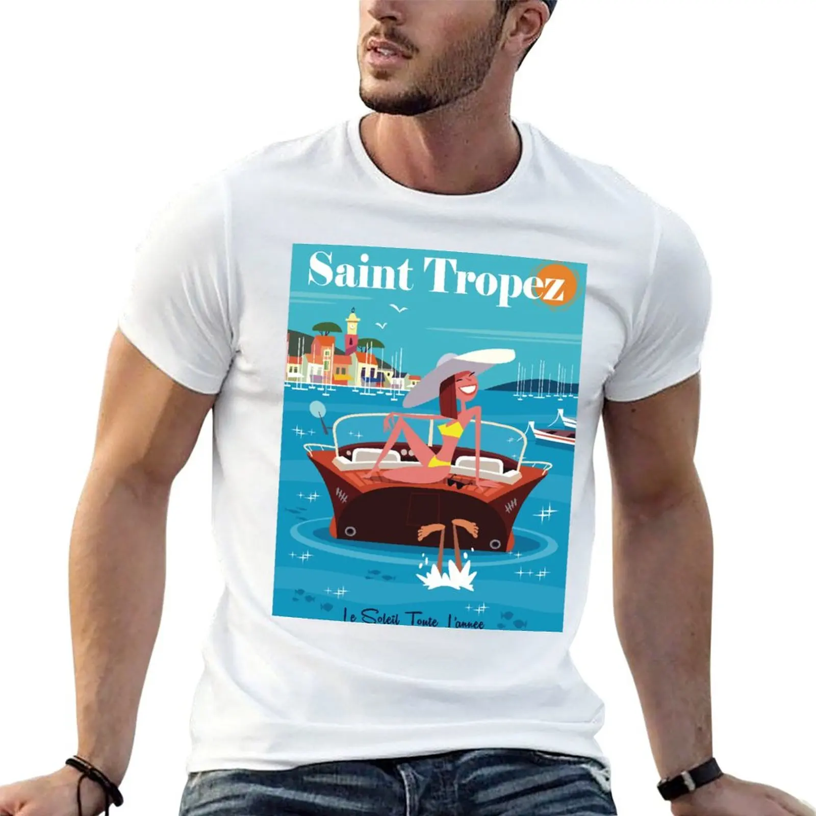 Camiseta con estampado de St Tropez, camiseta clásica de algodón con cuello redondo