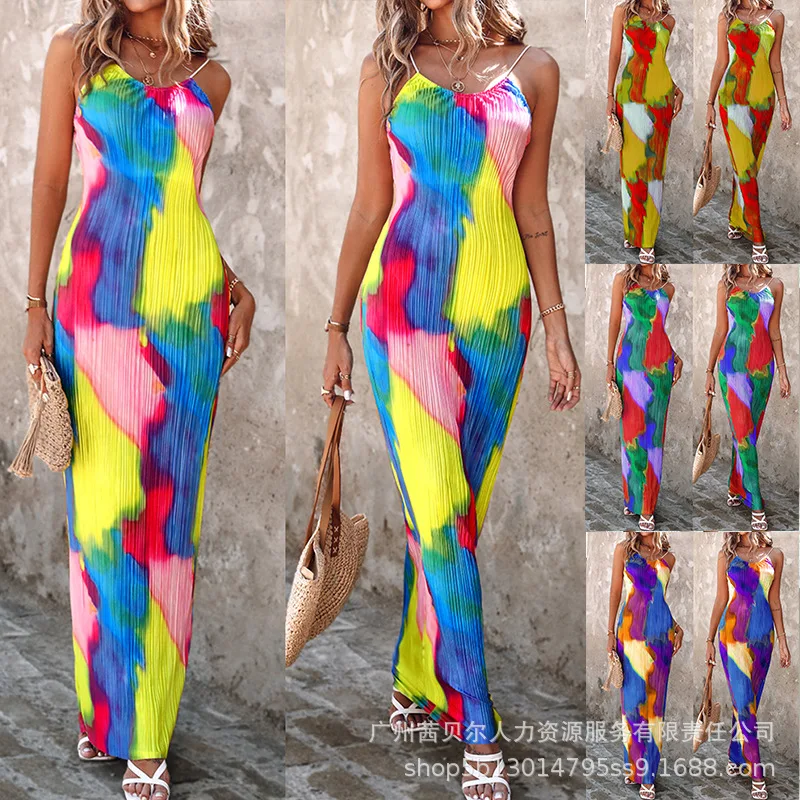 ชุด Maxi ชุดผู้หญิง Colorblock Tie Dye Cami พิมพ์ชุดยาวจีบชายหาดสลิงแขนกุด Casual Elegant Party Vestidos