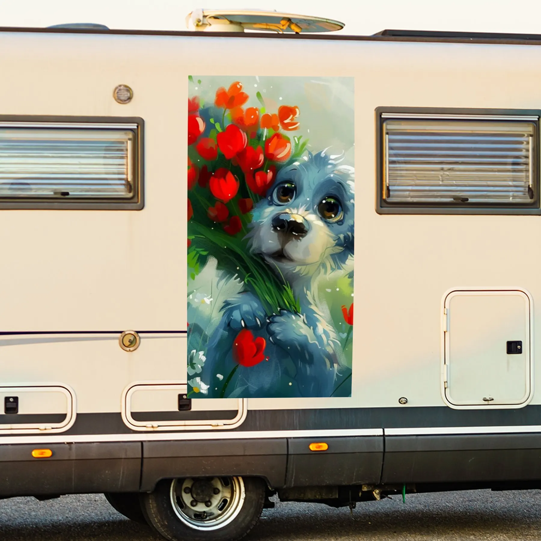 

Dog Tulips Motorhome Car Door Sticker PVC Self Waterproof Stick, Striking Auto Exterior Accessories Decor Protect Gift for Lover